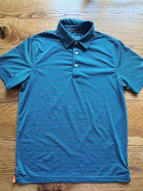 Maelreg Teal and Navy Performance Striped Polo- boys 14/16